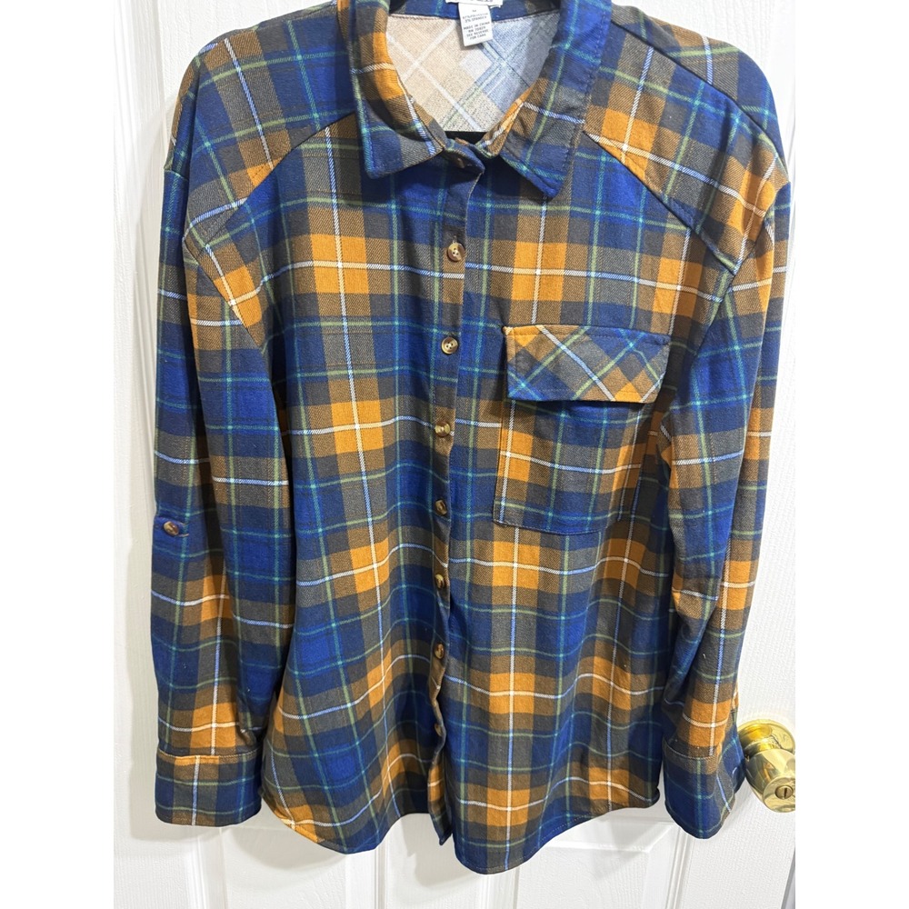 Rue21 Plaid Button Down Shirt Blue Mustard Yellow Roll Tab Sleeve Womens Medium